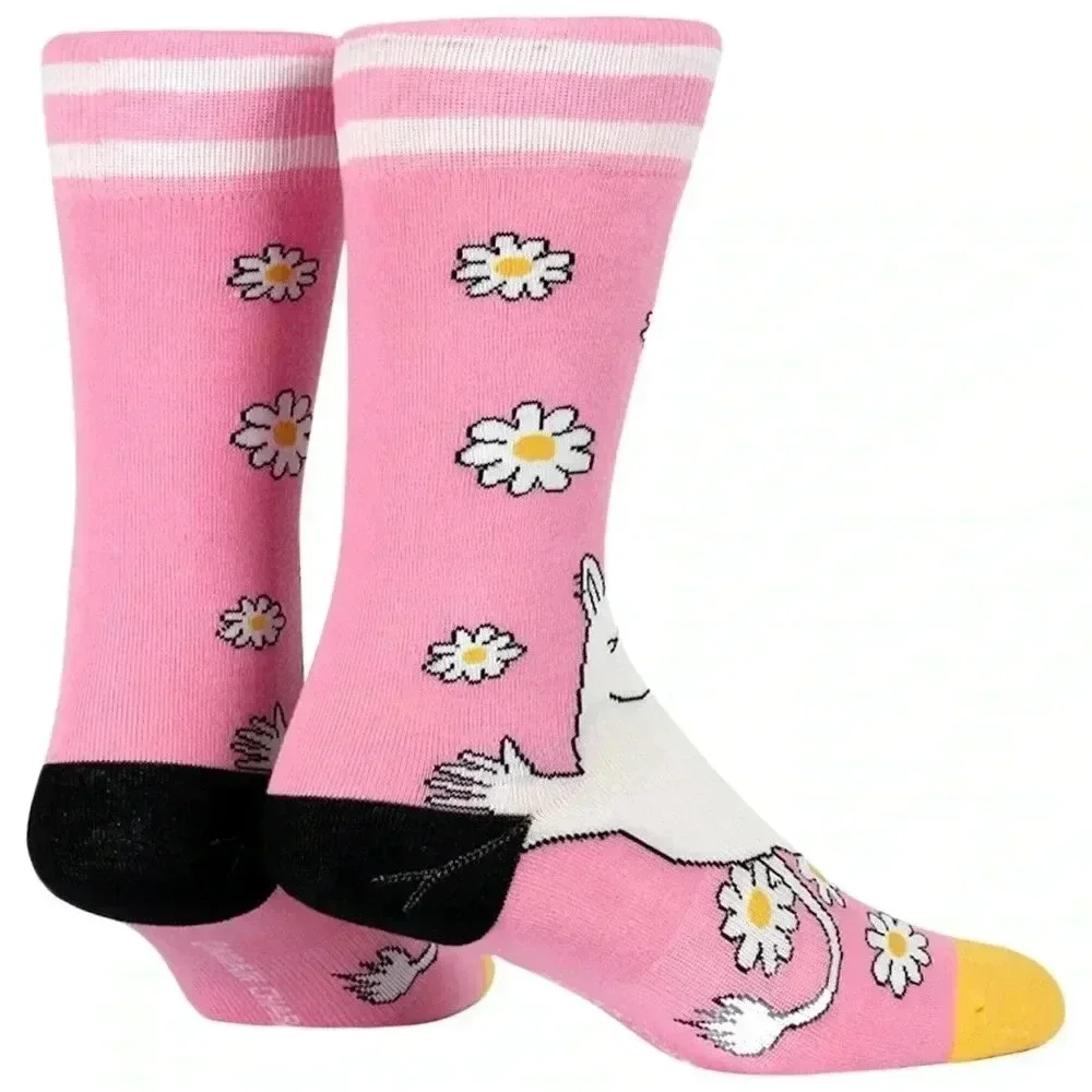 Moomin Pink Daisy Socks, Striped Design, Size L/XL, Cute & Comfy